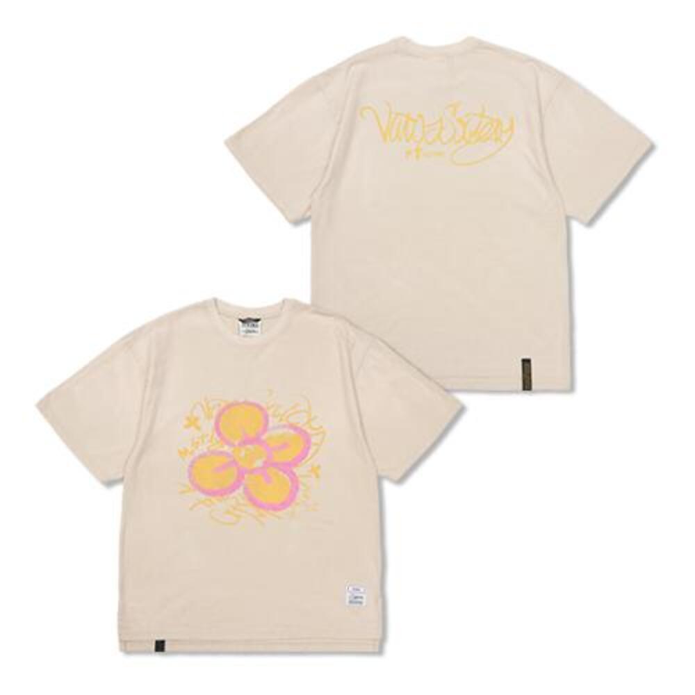 [스티그마] Crayon Flower Vintage-Like Washed Oversized Short Sleeves T-Shirts Beige